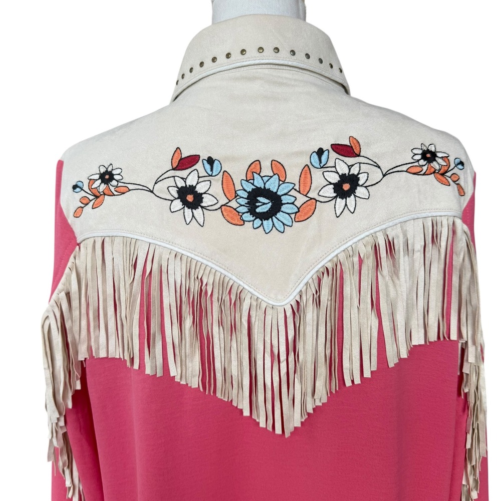 John Moon Texas Pink Western Shirt Floral Embroidery Fringe Studded XL Handmade - Picture 5 of 14